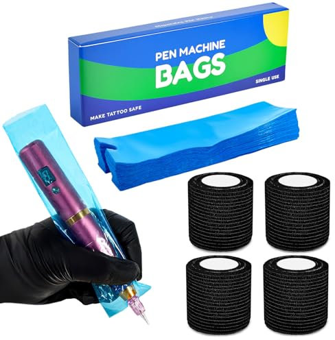 Auvitaya Tattoo Machine Covers with Tape Wrap, 200Pcs Large Pen Bags and 4Pcs Grip Wrap, Tattoo Machine Covers Grip Tape Pen Sleeves Combination Supplies