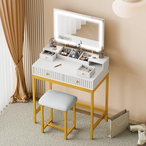 Mondeer Dressing Table with Mirror and Stool, Vanity Makeup Table with Drawers Jewellery Storage Boxes Open Storage Shelves Adjustable Brightness LED Lights, for Bedroom, 80 x 45 x 136cm, White-Gold