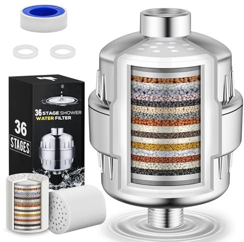 Filtro Ducha Antical 36 Etapas Carbón Activado, Elimina 99% Cloro/Cal - Purificador Agua Ducha para Piel Sensible & Cabello Dañado - Incluye 2 Filtros, Ideal Bebés/Hogares Ecológicos