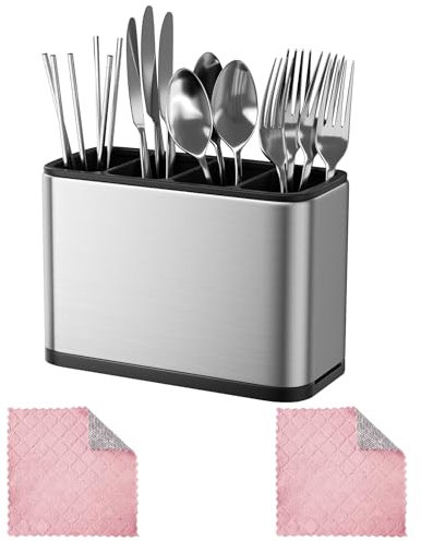 KINGHON 4 scomparti portaposate, vassoio scolapiatti con 2 panni per la pulizia, cestino multifunzione per posate con vassoio di raccolta estraibile, contenitore scolapiatti per bacchette, cucchiai