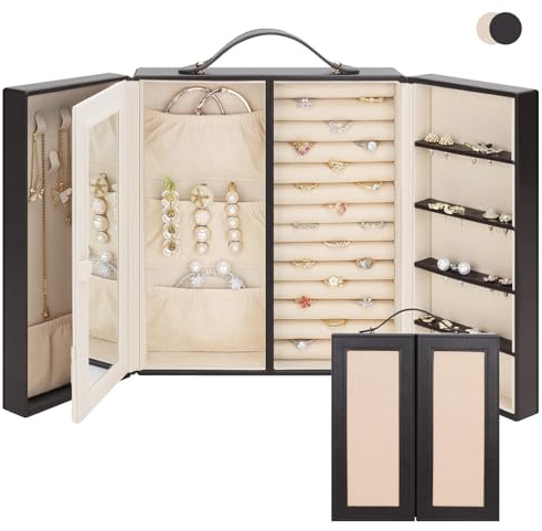 DesignSter Portagioie da donna, Scatola Porta Gioielli Portatile con Specchio, organizer da viaggio con manico per anelli, orecchini, bracciali, collane, Nero, Marrone e Albicocca