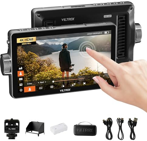 VILTROX DC-A1 2800 Nits Kamera Field Monitor Touchscreen mit 7 Full HD1920x1080 IPS 4K HDMI Loop In/Out, 3D LUTs Waveform Video Peaking Focus Assist, 170° Weitwinkel, Sonnenschutzhaube und Akku