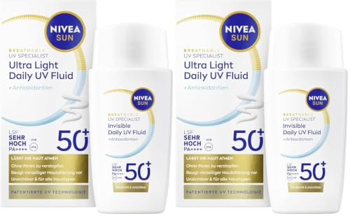 NIVEA SUN Sonnenschutz Fluid LSF 50+ 2er-Set, nicht fettende Sonnencreme mit Antioxidantien und ultraleichter Formel, Breathable UV Specialist Ultra Light Daily UV-Fluid LSF 50+ (2 x 40 ml)