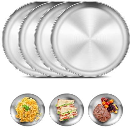 Elegance-go Edelstahl Teller,2 Stück Edelstahl Rundes Geschirr 20 cm Camping Teller,Unzerbrechliche Edelstahlrundes Geschirr für Küche,Zuhause,Camping,Outdoor,Party (4)