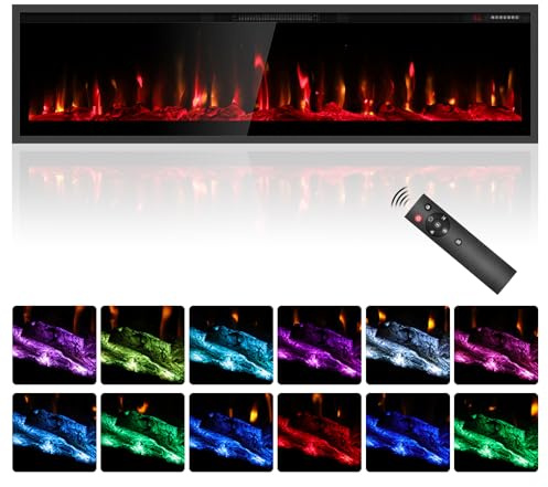 60'' Electric Fireplace Heater, Wall Mount/Recessed, 1500W & 750W Modes, 7 Flame & 12 Ember Colors, Remote & Touchscreen Control, 8H Timer, 40dB Ultra-Quiet, Cool-Touch Glass, UKCA/CE Certified