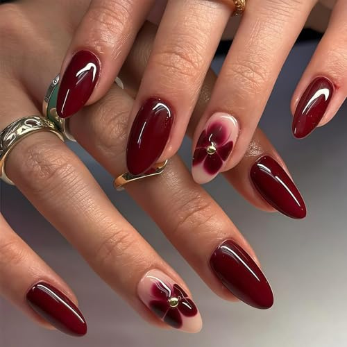 Burgundy Press On Nails Almond - Wine Red Stick On Nails with Flower Rhinestone, Glossy Removable Fake Nail Full Cover Acrylic Tips for Women
