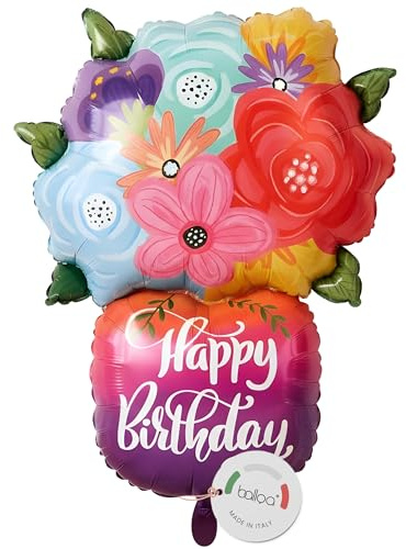 balloa Folienballon XXL Happy Birthday Blumenstrauß, Helium Ballon Geburtstagsdeko, Luftballon Flower Design Geburtstag, Geschenkidee für Frauen Mädchen Party Feier, bunter Blumen Ballon Deko, 71cm
