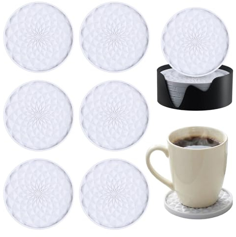 Culinavog Dessous de Verre, Lot de 6 Dessous de Verre en Silicone avec Support, Design Épais (0,7cm) Ronds pour Boissons, Profondément Rainurés, Idéal pour Boissons Chaudes et Froides - Gris Clair