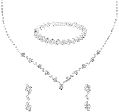 Gjinxi Silberschmuckset für Damen Kette Silber Ohrringe Hängend Schmuck Set Brautschmuck Kristall Strass Halskette Armband Jewelry Schmuckset für Braut und Brautjungfer Damenschmuck