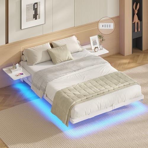 AOGLLATI Bettgestell Bett aus Metall mit LED Beleuchtung und Ladestation Schwebender Bettrahmen mit Aufbewahrungsregalen Metallbett mit Lattenrost Schwarz (Ohne Matratze) (Weiß, 140 x 190 cm)