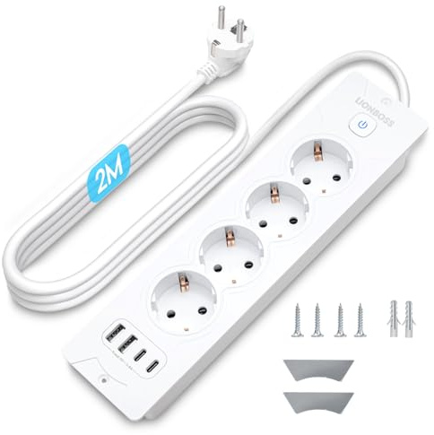 Tischplatte Versenkbare Steckdose 4-Fach, Einbausteckdose mit 2 USB-C + 2 USB-A, 16A/3680W, Tischsteckdose mit Überspannungsschutz & Energiesparschalter, 2m Kabel für Büro & Küche, Weiß