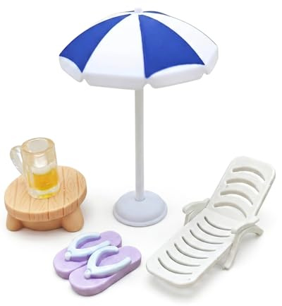 DLPRK Miniatur Strand Deko Set 5-teilig inkl. Liegestühle, Sonnenschirm – Perfekt für Puppenhaus, Feengarten & Micro Landschaft. Schafft lebensechte Urlaubsatmosphäre.
