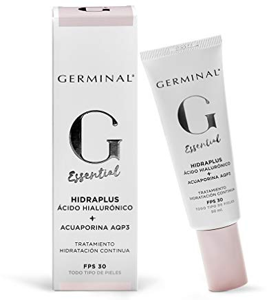 Germinal Essential Hidraplus: Die Creme besitzt Hyaluronsäure, den Aquaporine-Aktivator und Marula-Öl. Sie hat einen Feuchtigkeits- und Nährstoffeffekt und wirkt gegen Verschmutzung. LSF 30. 50 ml.