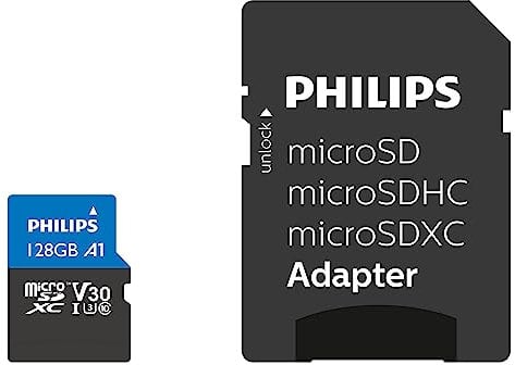 Philips Ultra Pro microSDXC Card 128 GB + SD Adapter UHS-I U3, Lesegeschwindigkeit bis zu 100 MB/s, A1 Fast App Performance, V30, Speicherkarte für Smartphones, Tablet, PC, Card Reader, 4K UHD Video
