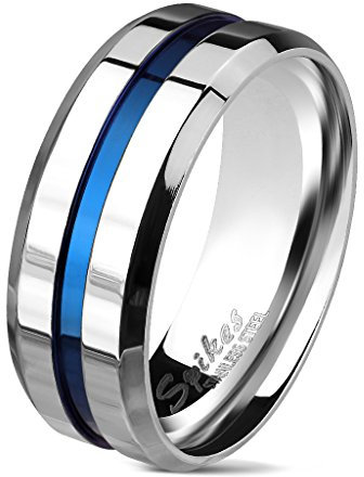 Bungsa Ring mit blauem Streifen für Herren aus 316L Edelstahl 8 mm (62 (19.7))