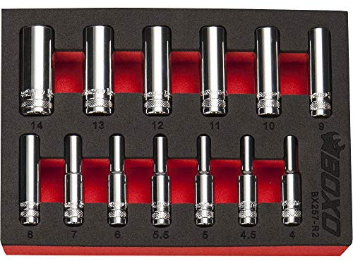 1/4 Drive Socket Set 6 Point Deep 4-14mm 13 Pcs in Foam Tray BOXO BX257-R2