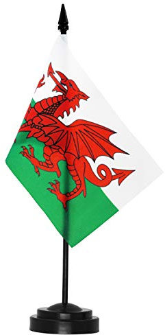 ANLEY Wales Deluxe Schreibtischflaggenset - 6 x 4 Zoll walisische Miniatur-Desktop-Flagge mit 12 massivem Pol - lebendige Farbe und lichtbeständig - schwarze Basis und Speerspitze