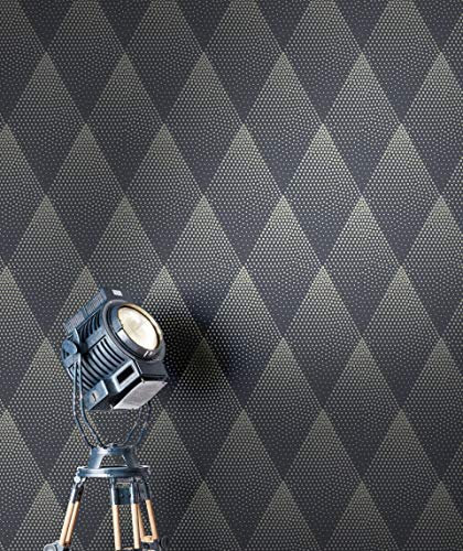 NEWROOM Tapete Schwarz Vliestapete Leicht Glänzend - Retro Modern Gold Rauten Punkte Mustertapete Grafisch Metalic inkl. Tapezier-Ratgeber