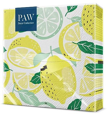 PAW - Servietten 3-lagig (33 x 33 cm) I 20 Stück I Perfekt für Geburtstage, Partys, Hochzeiten, Kommunion und Feiern I Papierservietten Bunt - Muster mit Früchten, Zitronen I Tasty Lemons