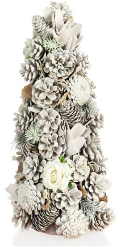 COM-FOUR® Deko-Weihnachtsbaum, Schmuckbaum mit Zapfen und Stoffrosen, tolle Tischdeko, optimal für die Adventszeit, ergänzt Kränze und Girlanden (Baum)
