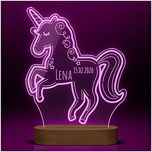 CHRISCK design Einhorn Nachtlampe Kinderzimmer mit Wunsch-Gravur | LED-Licht aus Acryl Glas mit Holzsockel und verschiedenen Motiven | Schreibtischlampe Mädchen Jungen LED Nachtlicht