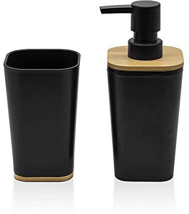 Set Accessori Bagno in Finitura Nera Opaca con Dettagli in Bamboo, Completo di Dispenser Sapone Liquido e Porta spazzolini