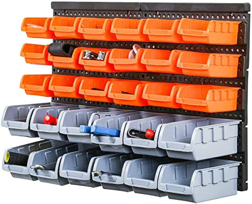 Greenfields Storage Bins Wall Mounted - Tool Organiser Garage Shelving - DIY Workshop for Home Garage Tool Rack Plastic Drawers - Backboards Storage Bin Compartments (30pc)