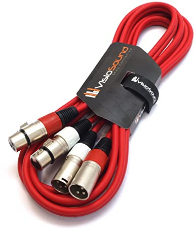 2x Male to 2x Female XLR Balanced Microphone Cable Twin Lead (Red, 3m) | Noiseless OFC Balanced Microphone, Signal, Audio, Patch Cable / 5 Colours