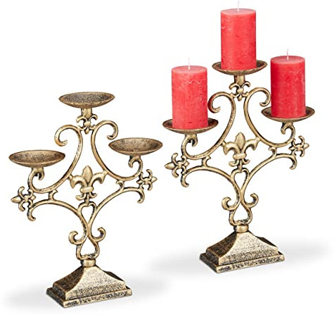 2 x Kerzenständer, 3-armig, Kerzenhalter Stumpenkerzen, Shabby, Vintage, Gusseisen, HxBxT: 28,5 x 23 x 7,5 cm, Gold