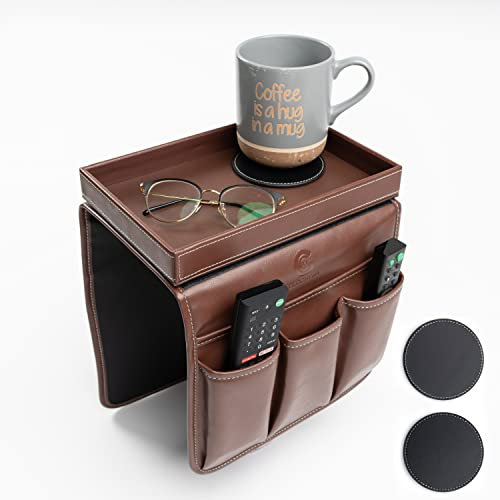 GLOCHYRA Armlehnen-Organizer für Armlehnen, 5 Taschen, für Telefon, Zeitschrift, mit abnehmbarer Armlehne für Snacks, mit 2 Untersetzern (braun)