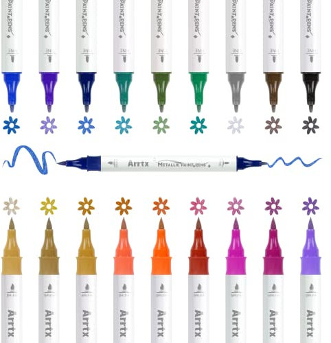 Arrtx Acrylstifte 18 Farben Metallic Pinselmarker, Glitzermarker mit feiner Spitze (Doppelspitzen),glitzer filzstifte für Felsmalerei, Holz, Stoff, Kunststoff, Leinwand, Osterei