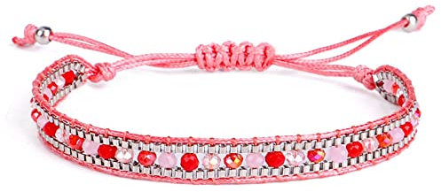 HYXC Bracelet Bresilien,2Pcs Boho Plage Bracelet Élégant Rose Fait Main Bracelets Tissés Mode Rose-Rouge Cristal Perles Bracelet D'Amitié Réglable Charme Bracelets Pour Femme