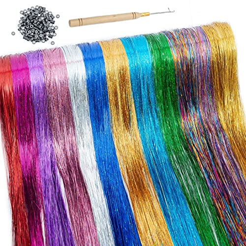 Hair Tinsel Haar-Glitzerfäden, 12 Farben 3200 Stränge, glitzernde hitzebeständige Haaraccessoires, 122 cm Feenhaar-Dekorationen für Frauen, Mädchen und Kinder, Parties und Festivals