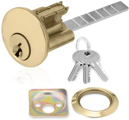 XFORT Polished Brass Rim Cylinder, Security 5 Pin Rim Cylinder Door Lock Complete with Components of Three Keys, Trim Ring and Shim.