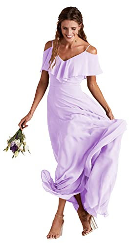 Vestidos de dama de honor Tirantes Espaguetis Gasa Una línea de cuello en V Largos Vestidos de dama de honor con bolsillos de hendidura, Lila, 46