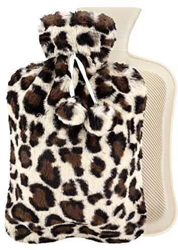 2L Hot Water Bottle with Leopard Print Fluffy Cover - Natural Rubber Hot Water Bag for Hot & Cold Compress, Leakproof Hot Water Bottle for Keeping Hand Feet Warm - Great Gift for Kids Adults in Winter