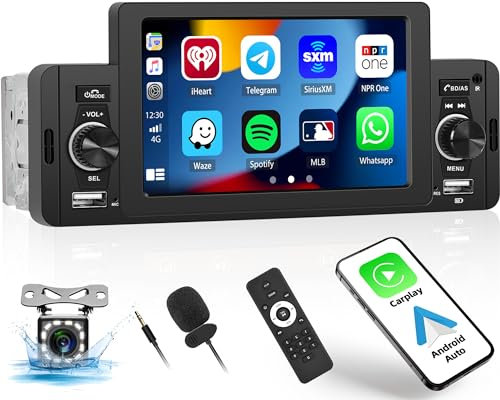CAMECHO Radio de Coche 1 DIN con Apple Carplay Android Auto Pantalla de 5 Pulgadas Radio de Coche Single DIN con Bluetooth/USB/FM/Control de Volante, Soporte de cámara de visión Trasera
