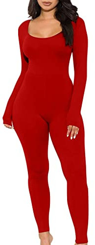 SRZYMJ Rot Damen Jumpsuits Sportbody gerippte Strick Overall Unitards Ganzanzug Gymnastik Trikot Body Elastisch Yoga Bodysuit Leggings Square Neck Hip Lift Slim Fit Langarm Strampelhöschen