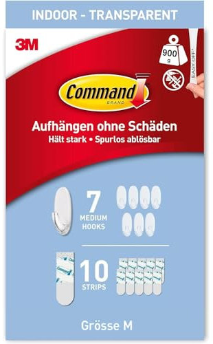 Command Klebehaken Transparent, Weiß - Packung mit 7 Haken selbstklebend und 10 Mittelgroße Klebestreifen, Strips - Haken für Wand, Türhaken, Organisieren ohne Bohren - Hält 900g