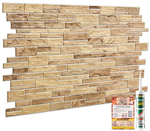 NOVECRAFTO Stone Slate Effect 3D Wall Panelling Kit of 16 pcs, PVC Wall Panel Size 37.59x18.8 in (95.5x48 cm) Covering 19.71 ft² (1.83 m²) for Kitchen, Bathroom, Living Room, DIY Stone Slate Brown