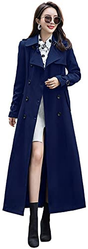 ebossy Women's Double Breasted Duster Trench Coat Slim Full Length Maxi Long Overcoat, Navy Blue, XL