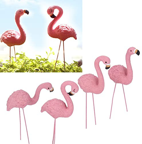 YOOTOM 4 Stücke Kleine Flamingo-Statue Miniaturfiguren mit Metallpfahl Harz Miniatur-Gartenstatue Flamingo Ornament Figur DIY Feengarten Dekorationsset für Pflanzkübel, Blumenbeet
