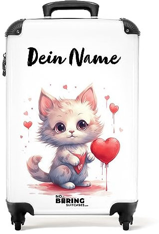 NoBoringSuitcases.com Fotokoffer personalisiert, Koffer Kinder- 55x40x20cm Handgepäck Trolley, Trolleykoffer Kinder - Trolley Kinder - Kätzchen mit Herzchen - Leicht - Koffer mit Namen Initialen
