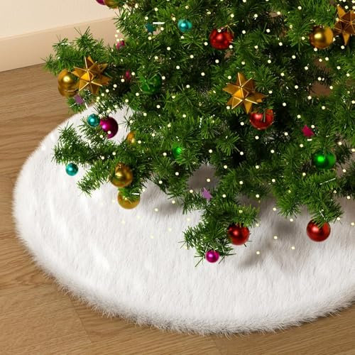 Estefanlo Christmas Tree Skirt 90cm Tree Skirts Plush Faux Fur xmas Tree Skirt White Christmas Tree Skirts