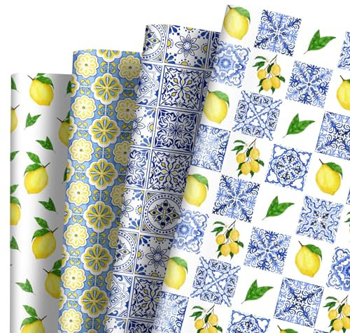 AnyDesign Geschenkpapier, 8 Blatt, blaue Fliesen, Zitronen, 4 Designs, Geschenkpapier, gefaltet, flach, Bastelpapier für Geburtstagsparty, Babyparty, Verpackung, 50 x 70 cm