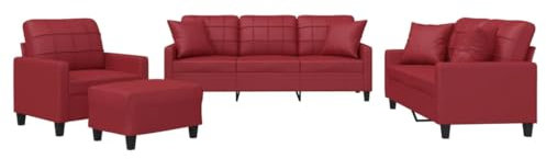 vidaXL Sofagarnitur 4-TLG., Sessel Couch mit Kissen Fußhocker, Sofa Wohnzimmersofa mit Armlehnen, Couchgarnitur Designsofa Sitzmöbel Polstermöbel, Weinrot Kunstleder