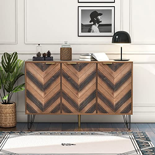 BTM Sideboard, Exklusives Sideboard mit DREI Türen, mit stilvollen Details und großzügigem Stauraum. Tür aus Massivholzfurnier, konkave und Konvexe Haptik. Enthält Laminate.