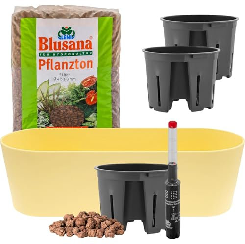 Leni Flori Jardiniere Blumentopf länglich 36 cm Lemon/gelb Hydrokultur-Komplett-Set mit Übertopf Hydro-Töpfen Wasserstandsanzeiger & Pflanzton