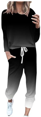 EMATOP Zweiteiler Outfit Damen Langarm Casual Tracksuit Sport Baumwolle Trainingsanzug Sweatshirt und Jogginghose Sportanzug Bunt Farbverlauf Freizeitanzug Taschen Sportswear angebot des tages heute