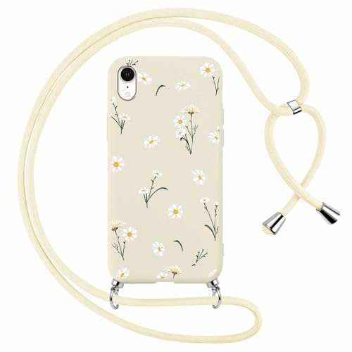 Xylota Handykette Handyhülle für iPhone XR 6,1 Hülle mit Band, Einstellbar zum Umhängen Kordel Aesthetic Case mit Muster Blumen, Weich TPU Bumper Dünn Silikon Stoßfest Schutzhülle Cover,Beige2